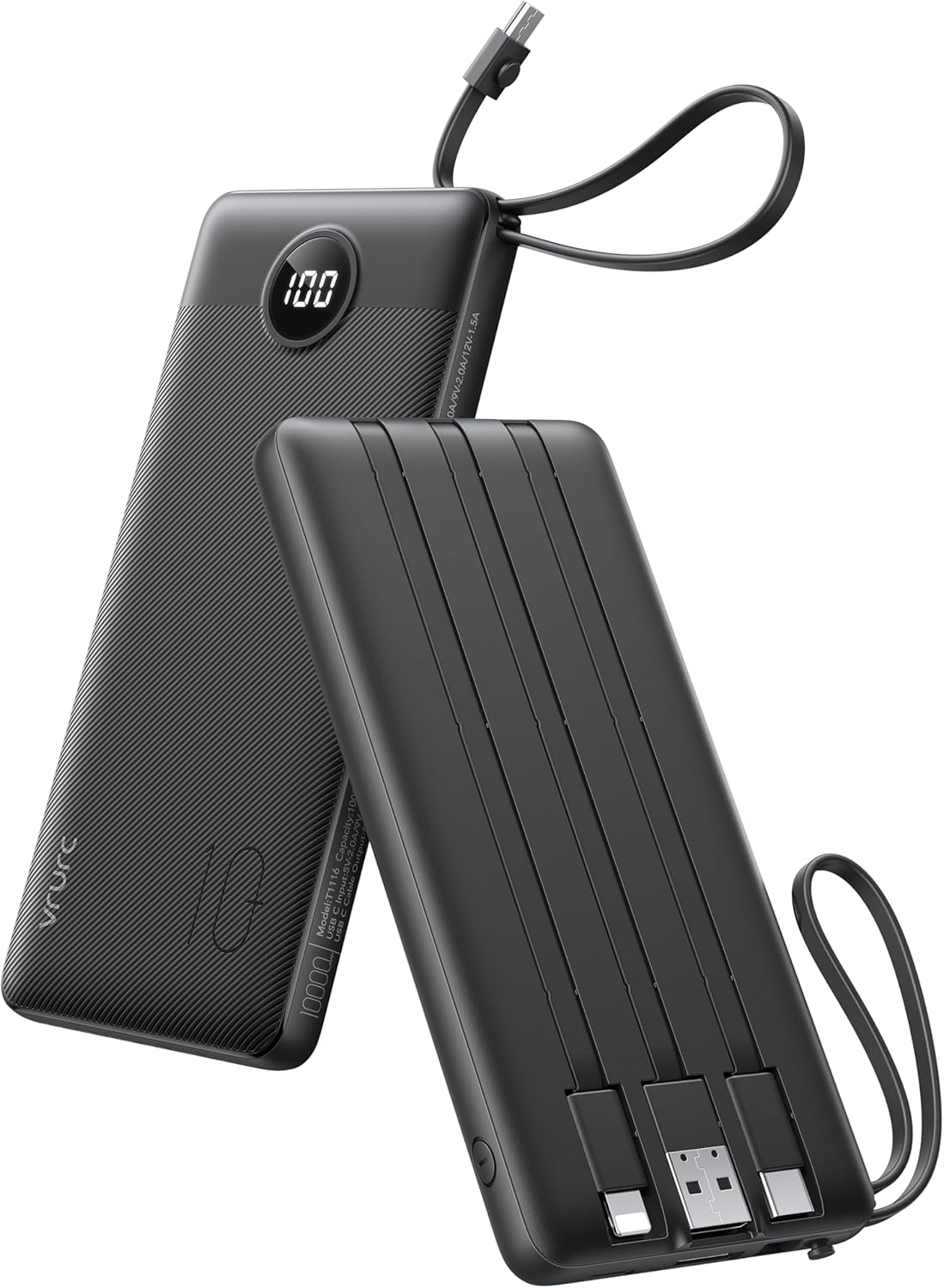 VRURC Portable Charger with Built in Cables, Slim Power Bank 10000mAh, USB C Travel Battery Pack, 5 Output 2 Input External C