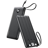 VRURC Portable Charger with Built in Cables, Slim Power Bank 10000mAh, USB C Travel Battery Pack, 5 Output 2 Input External Charging Bank for iPhone 17 16 15 14 13,Samsung,Android-Black(1 Pack)
