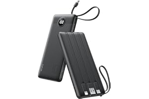 VRURC Portable Charger with Built in Cables, Slim Power Bank 10000mAh, USB C Battery Pack Travel Essential, 5 Outputs 2 Inputs Phone Charging Bank for iPhone 16 15 14 13,Samsung,Android-Black(1 Pack)