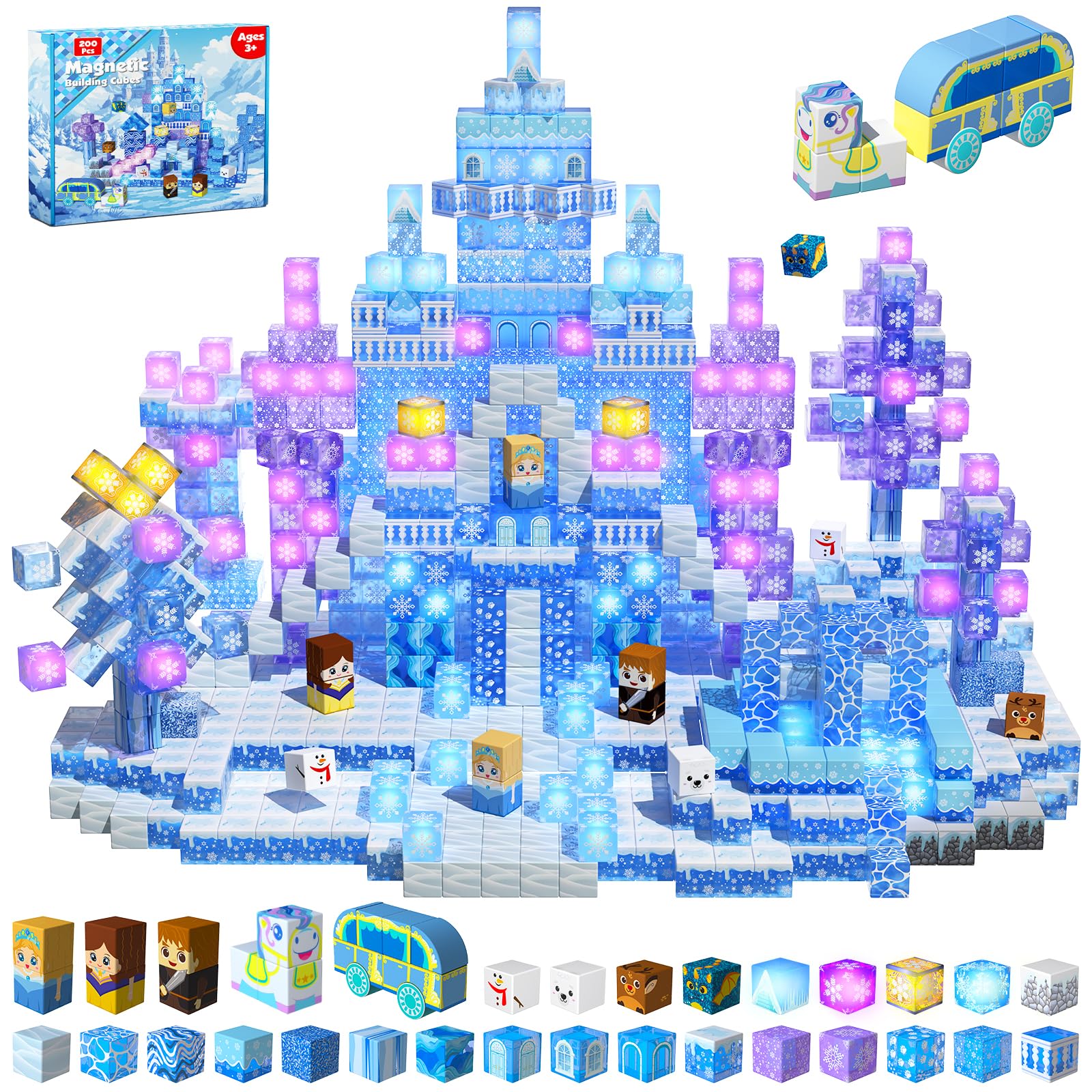 200 PCS Magnetic Blocks, Light Up & Transparent Magnetic Building Block for Blue Snow Princess Castle, Magnet Cubes Frozen Toys for Girls Ages 3 4-8 8-12 Birthdays Valentines Day Gift for Kids Image