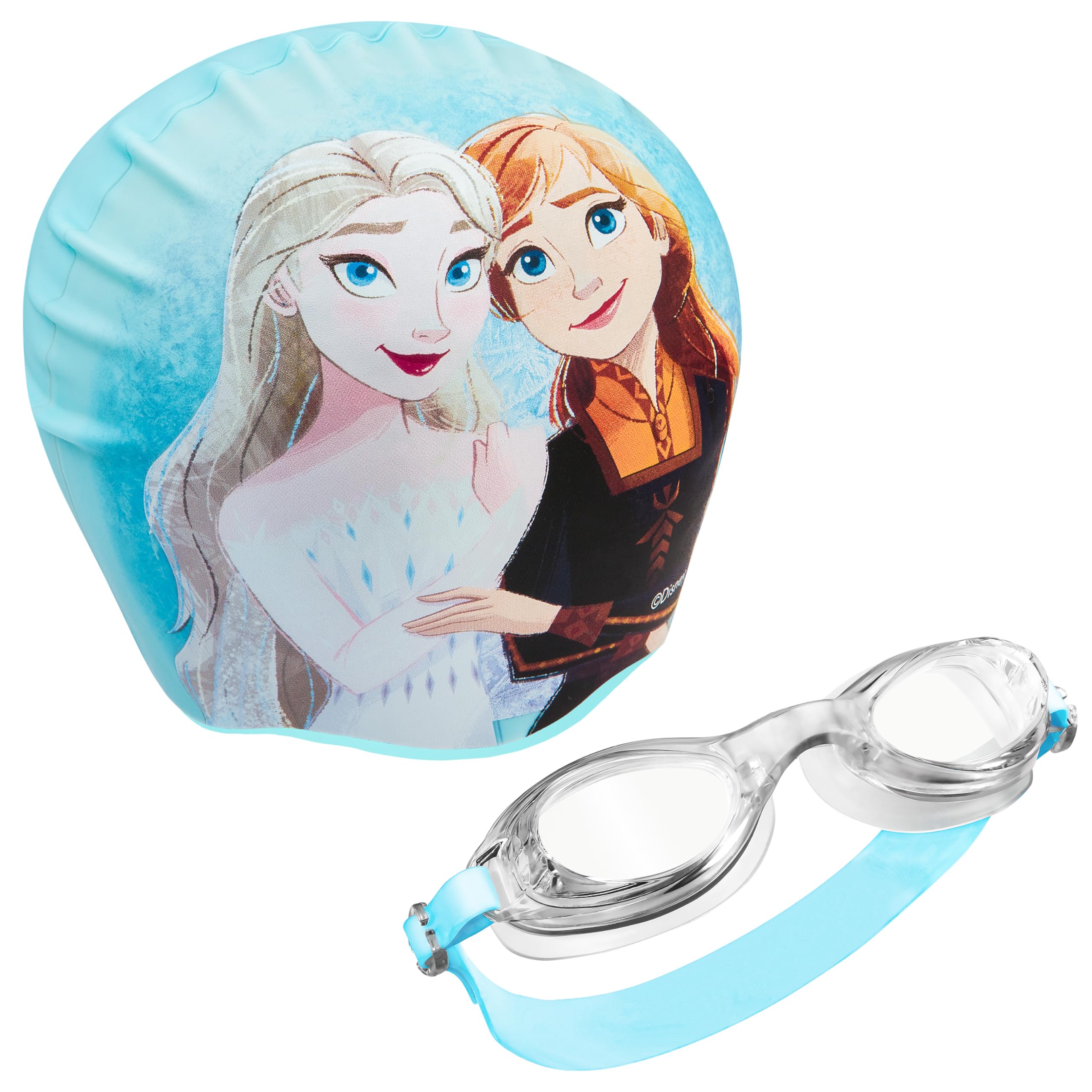 Disney Children's Swimming Goggles and Swimming Cap Set Anti-Fog UV Protection (Blue Frozen, 6-14 Years)