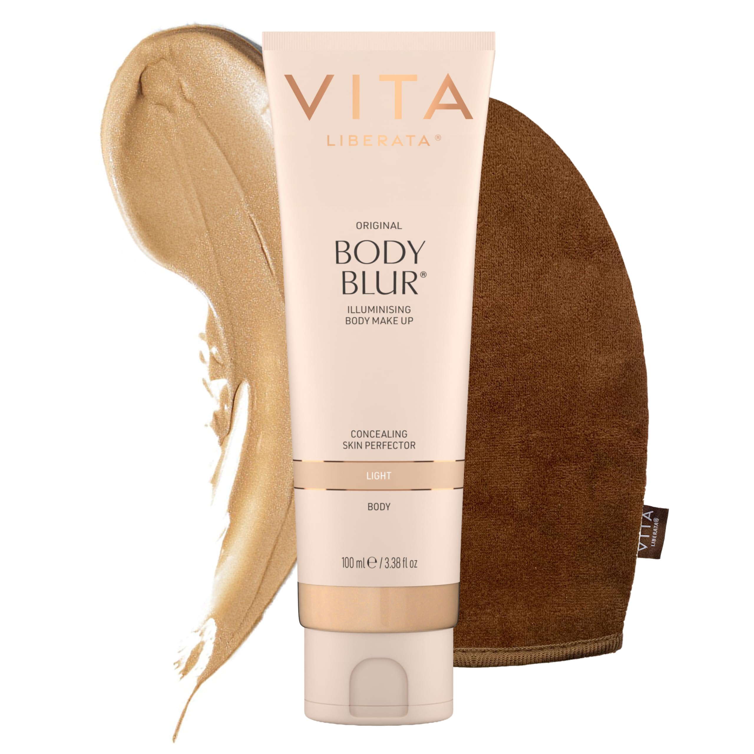 VITA LIBERATA Body Blur Light 100ml & Mitt Bundle, Leg & Body Makeup, Skin Perfector, Wash Off Instant Tan, Streak Free Application Blending Brush, Water resistant, Disguise Imperfections — image 1