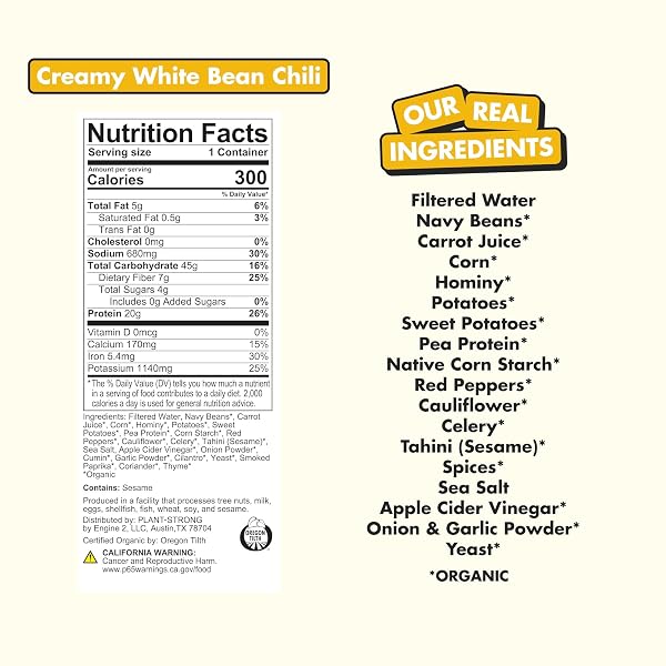PLANTSTRONG ORGANIC CREAMY WHITE BEAN CHILI, 14.5 OZ – HIGH PROTEIN VEGAN CHILI WITH NAVY BEANS, SWEET POTATOES & CORN, 20G PROTEIN, USDA ORGANIC, NO SEED OILS, READY-TO-EAT PLANT-BASED MEAL