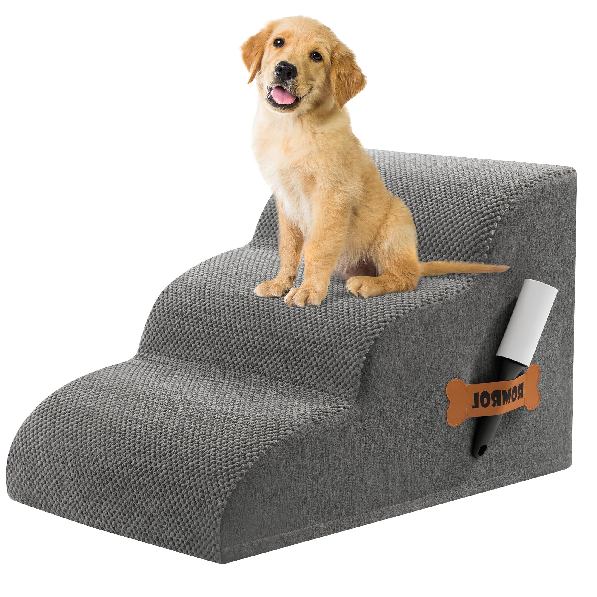 Photo 1 of Romrol Dog Stairs Ramp for Beds Couches, 15.7” H 33D Extra Wide Pet Steps with Durable Non-Slip Waterproof Fabric Cover, Dog Slope Stairs for Small Dogs and Cats or Pets Friendly, 3-Tiers, Grey