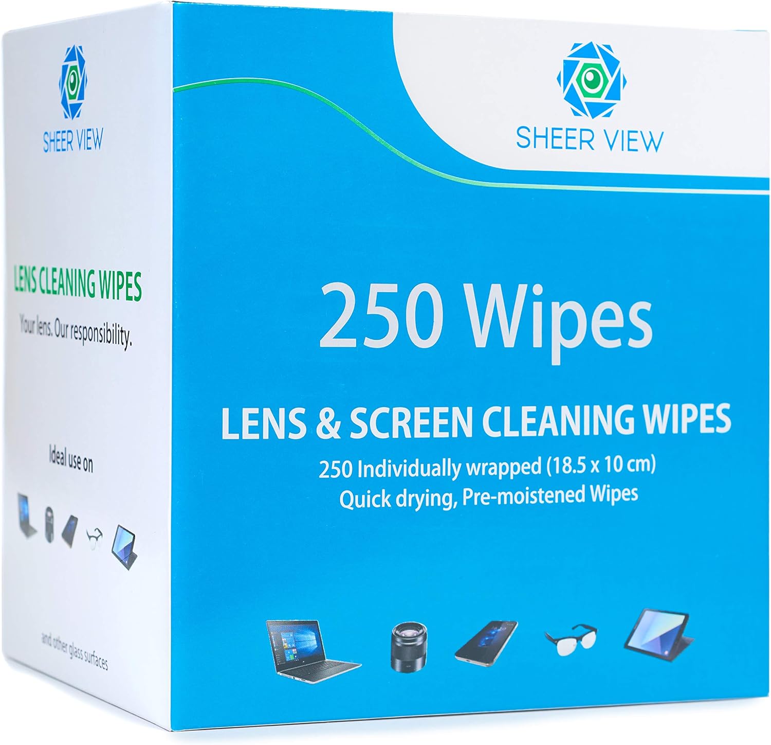 Lens Cleaning Wipes, Pre Moistened Screen and Glass Cleaner Cloth Towelettes for Eyeglasses, Laptops, Cameras, Cell Phones, Tablets, Quick Drying, Disposable with Pack of 250 Lens Wipes by Sheer View