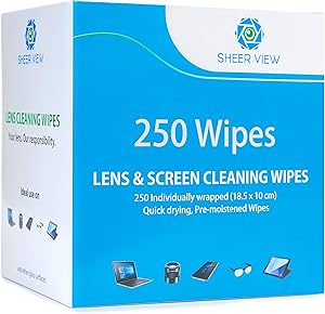 Lens Cleaning Wipes, Pre Moistened Screen and Glass Cleaner Cloth Towelettes for Eyeglasses, Laptops, Cameras, Cell Phones, Tablets, Quick Drying, Disposable with Pack of 250 Lens Wipes by Sheer View