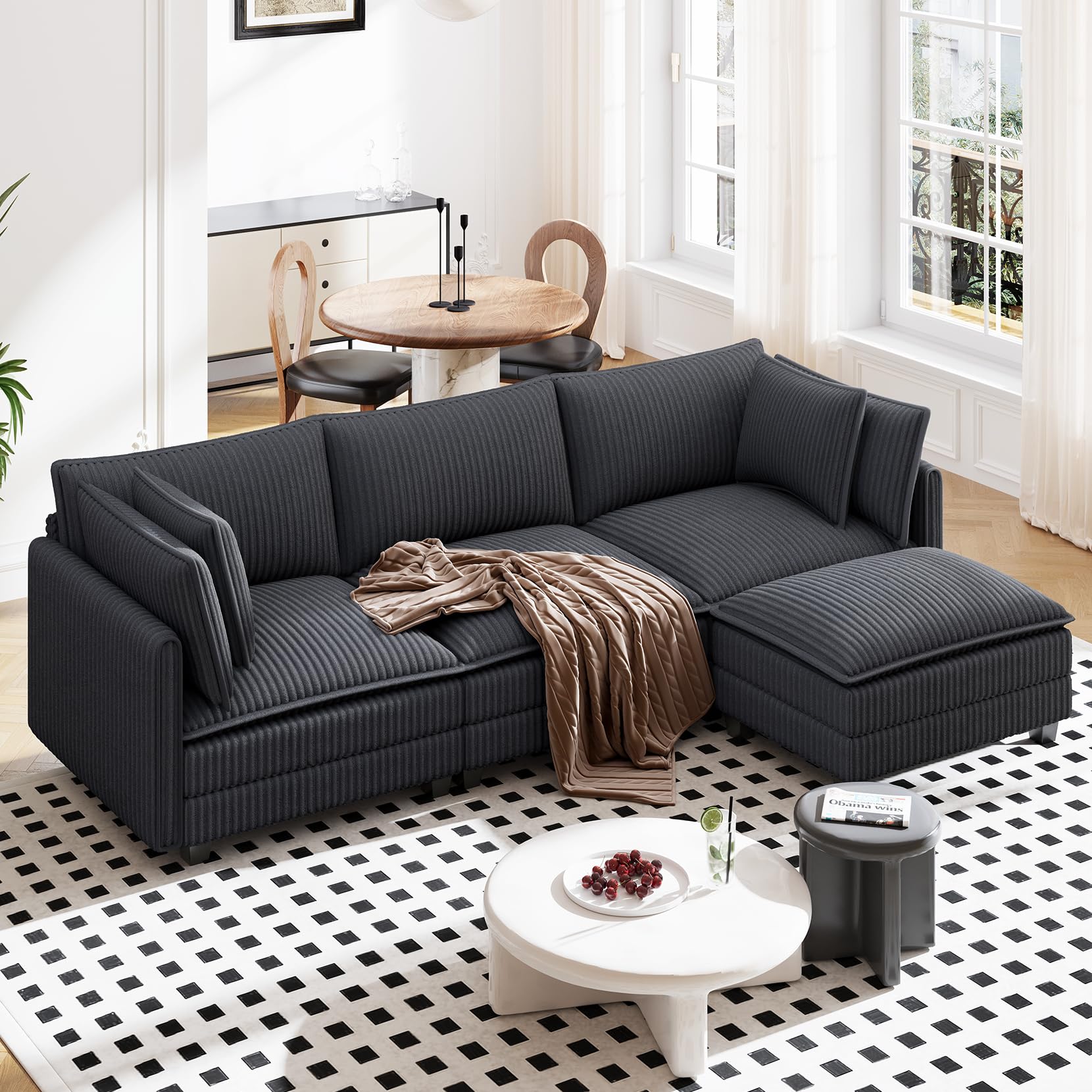 Photo 1 of **BOX B ONLY/INCOMPLETE SET/MISSING PARTS**Vesgantti 109" L Shaped Cloud Sectional Couch, Comfy Corduroy Upholstered Modular Couches for Living Room, Modern 3 Seater Sectional Sofa with Ottoman Deep Seat, Dark Grey