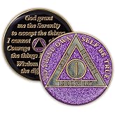 1 Year AA Sobriety Coin Sober Chip Medallion, Recovery Anniversary, Purple | Glitter Sparkle Alcoholics Anonymous 24k Gold Plated Heavy Weight Token, Serenity Prayer, Sober Gifts for Women, 34mm x 2mm
