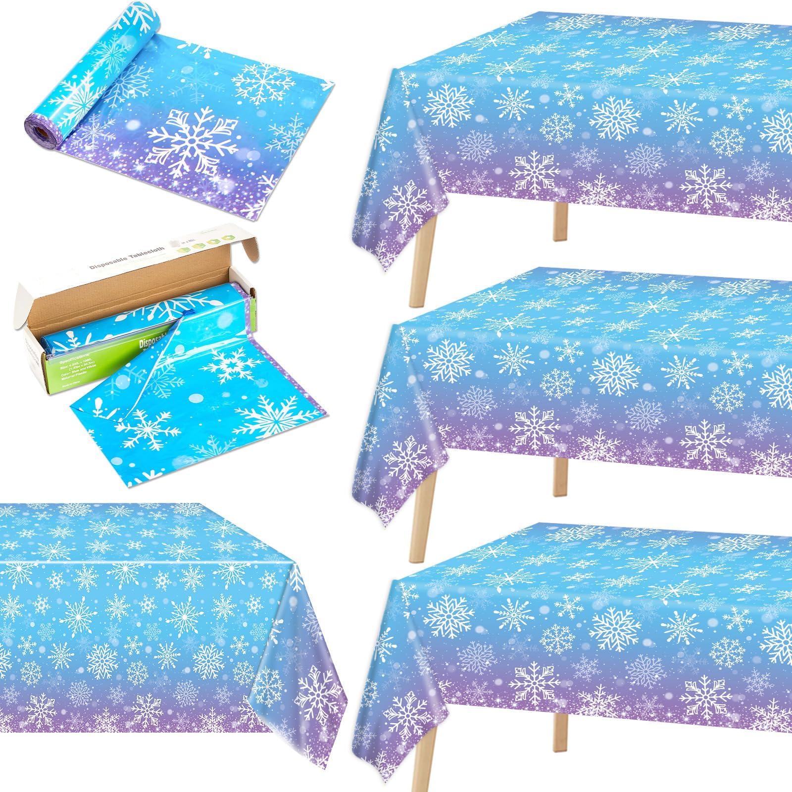 Photo 1 of 100 Ft x 51 Inch Christmas Snowflake Tablecloth Roll with Cutter Box Disposable Blue and Purple Snowflake Party Table Cloth Roll for Winter Party Holiday Backdrop Decor