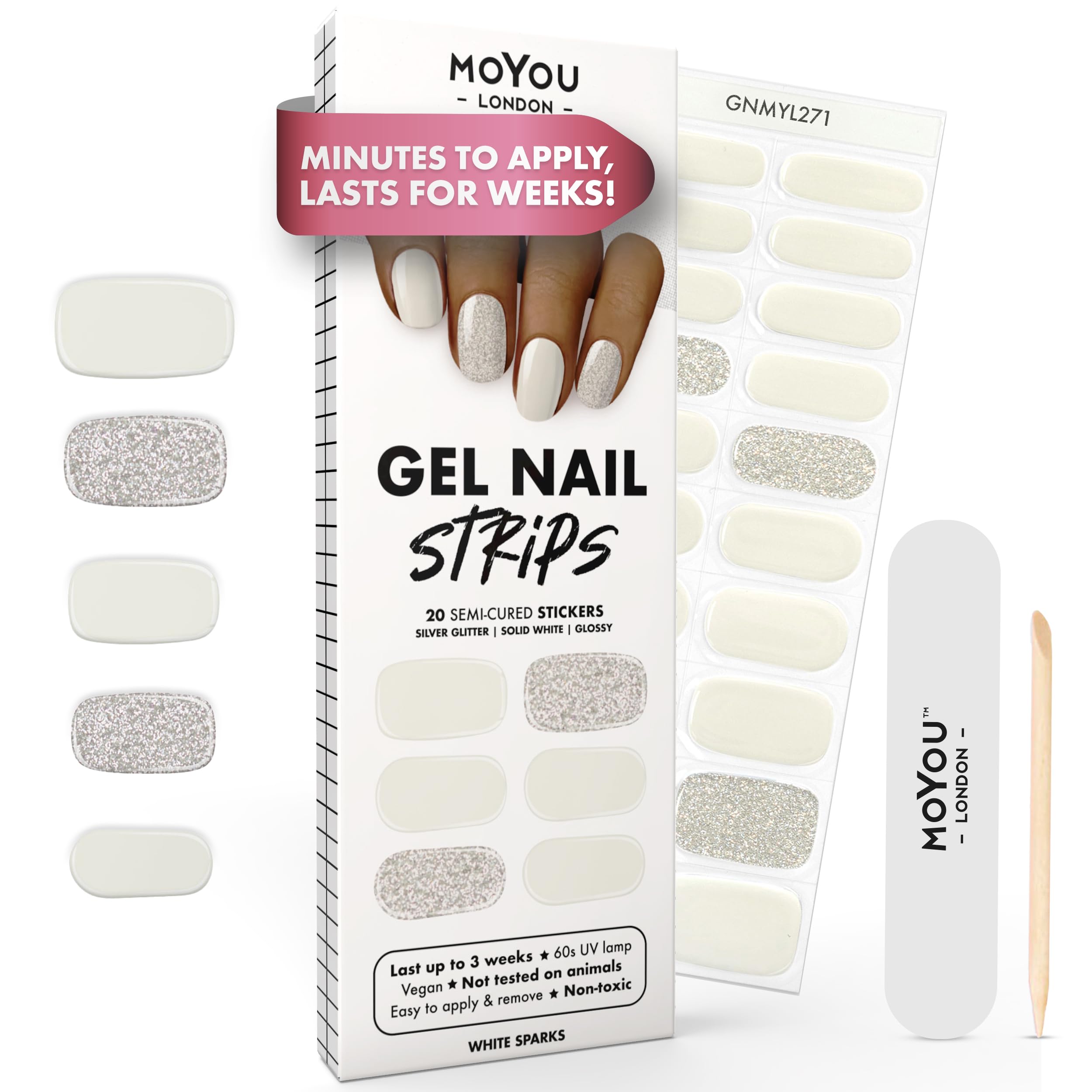 MOYOU LONDON Semi Cured Gel Nail Strips - 20 Pcs. Waterproof Gel Nail Wraps, Cures in Sunlight or UV/LED Lamp, Lasts Up to 2+ Weeks, Stretchable, Easy to Apply & Remove, Vegan & Cruelty-Free