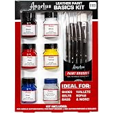 Angelus Acrylic Leather Paint Basics Kit, Contains 1 oz Bottles of Black, White, Red, Blue, Yellow and Preparer, Plus a 5-Piece Brush Set