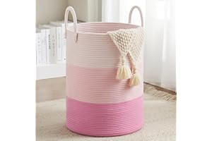 Fiona's magic Cotton Rope Laundry Hamper, Tall Woven Laundry Basket Storage, Baby Nursery Hamper for Blankets, Toys and Clothes Hamper for Bedroom and Living Room Organizing, 58L, Pink