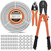 Toyeah 100FT 1/8" Coated Stainless Steel Cable with Wire Rope Crimping Tool and Cable Cutter, 920 lbs Breaking Strength, 7x7 Strands Aircraft Cable for Deck Railing, Porch Fence, String Light