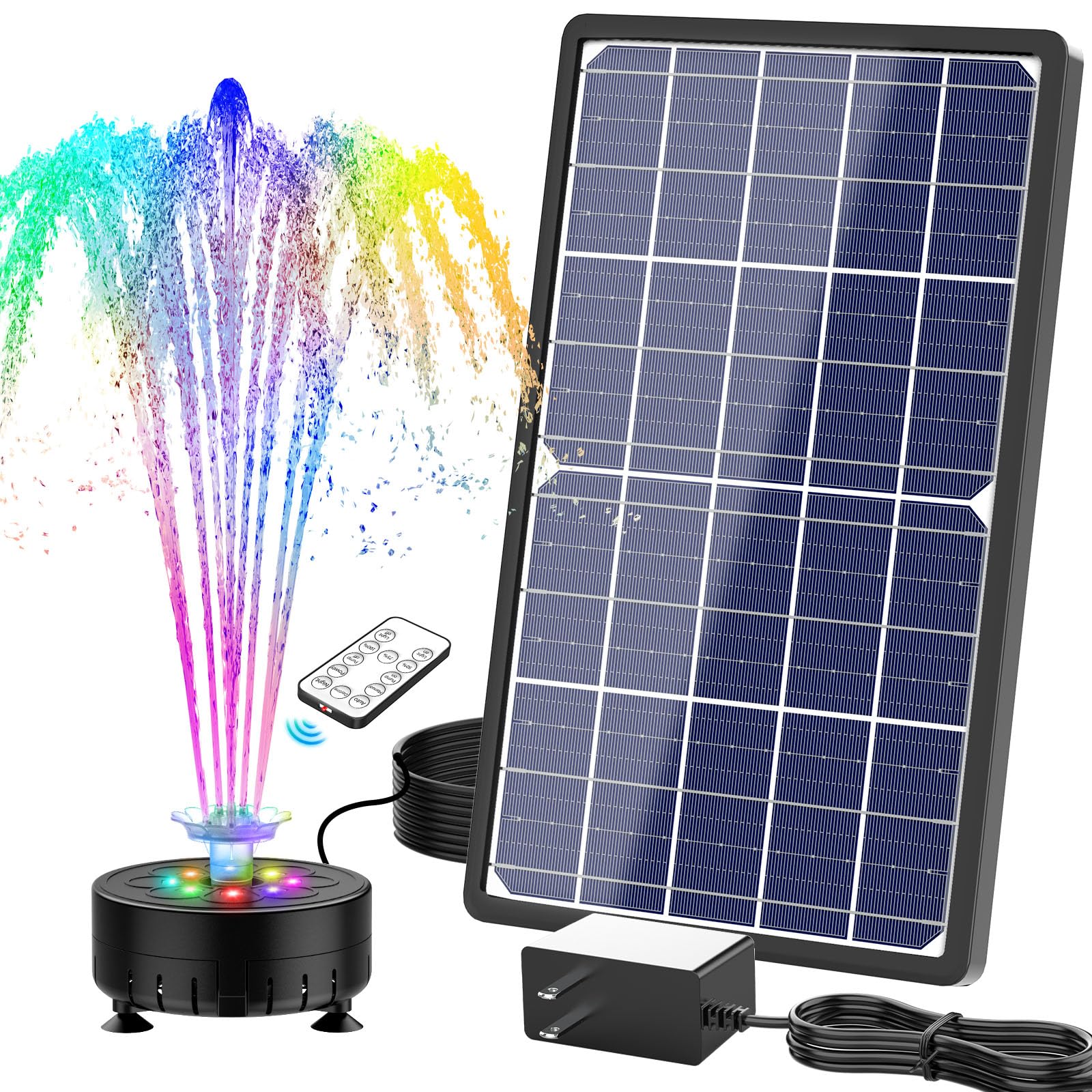 Photo 1 of AISITIN 14W Rechargeable Solar Fountain with 4400mAh Battery, LED Colorful Lights, Remote Control & Superior Solar Glass Panels, DIY Solar Powered Water Fountain Pump for Bird Bath, Pond