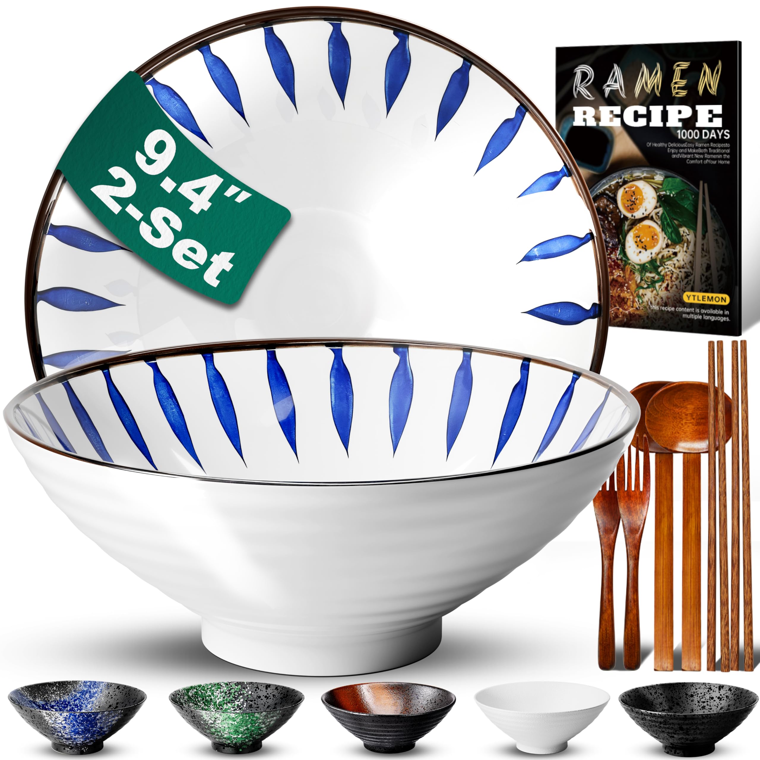 9.4Inch Ceramic Ramen Bowl Set of 2 (9 Piece) - Porcelain Japanese Salad Noodles Cereal Fruit Pasta Soup Large Bowls with Recipes Chopsticks Forks Spoons for Men Women Gift Microwave Dishwasher Safe Image