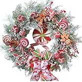 Egolot 24 Inch Winter Christmas Candy Cane Wreath for Front Door, Christmas Red White Xmas Indoor Outdoor Candy Gingerbread Wreath, Holiday Wreaths for Window Wall