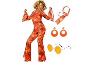 Leumoi 6 Pcs 60s 70s Disco Outfit Women Hippie Costume Accessories Flared Pants Headband Earrings Sunglass
