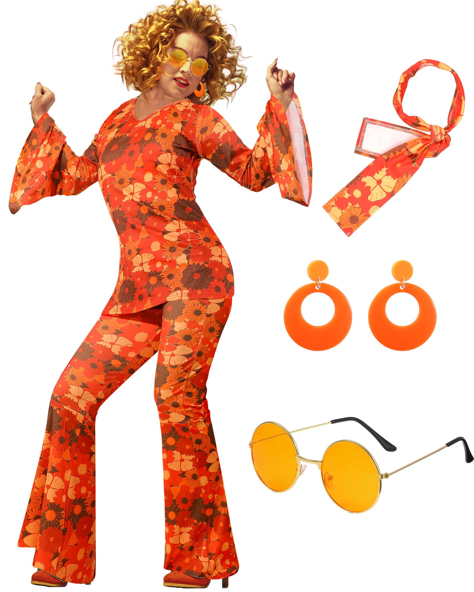 Photo 1 of Leumoi 6 Pcs 60s 70s Disco Outfit Women Hippie Costume Accessories Flared Pants Headband Earrings Sunglass(Floral, Small)