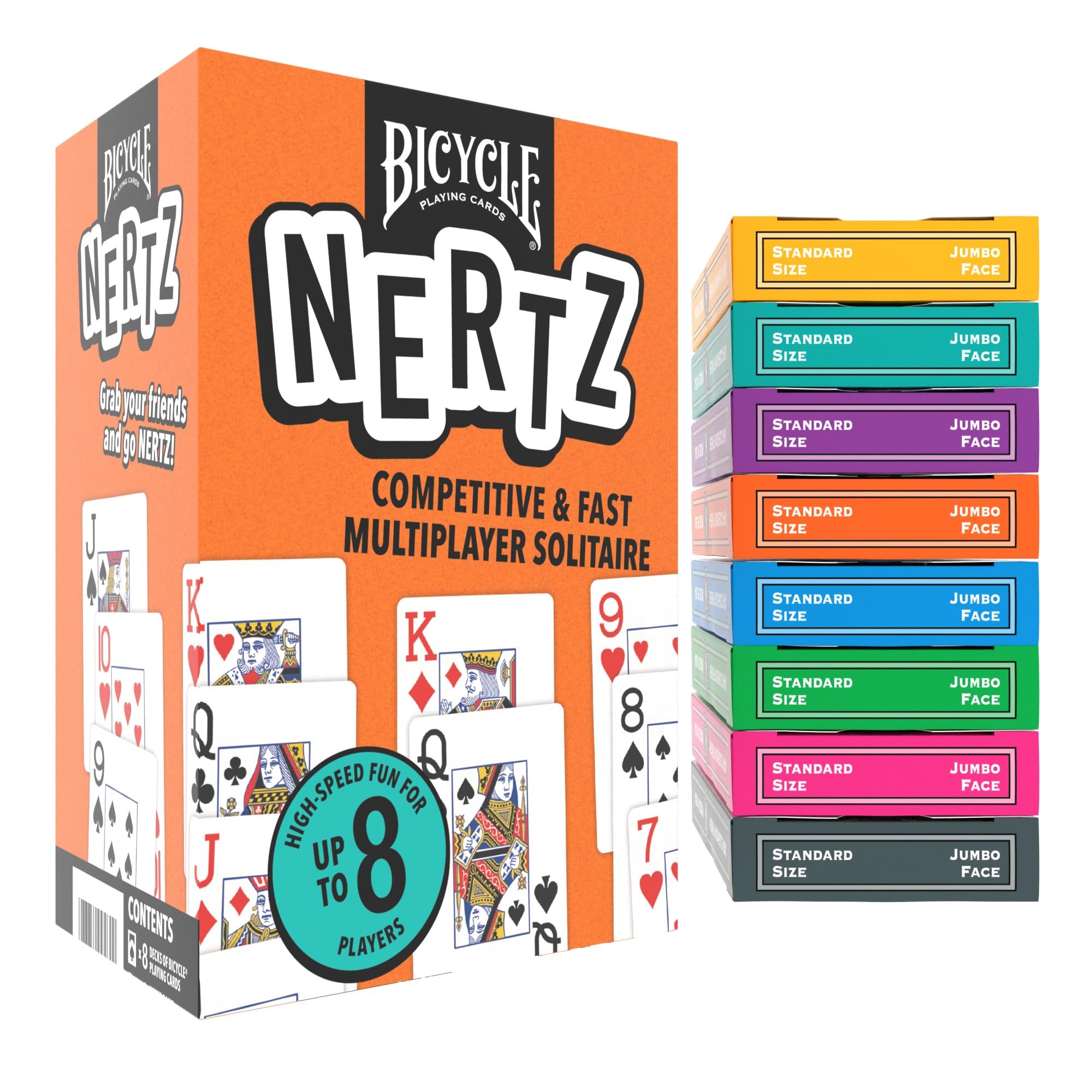 Bicycle Nertz Card Game (Solitaire) , 8 Decks of Jumbo Index Playing Cards, Fast-Paced Multiplayer Family Card Game for Kids and Adults, Classic Bicycle Cards, Up to 8 Players