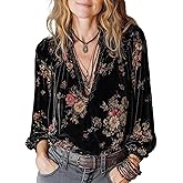 Pinclodly Velvet Tops for Women Deep V Neck Long Sleeve Western Shirt Elegant Loose Pleated Collar Boho Print Floral Blouse