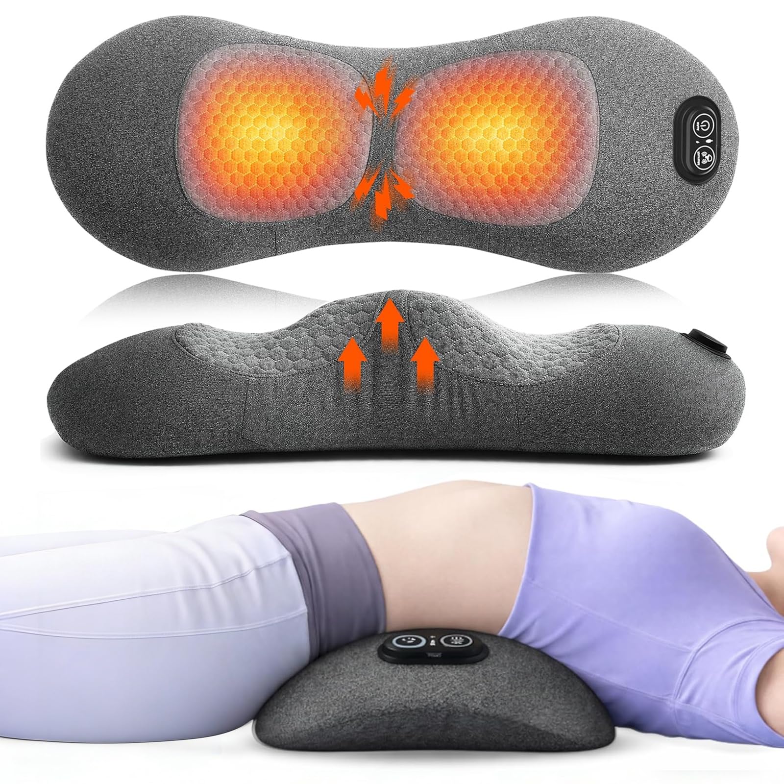 Photo 1 of 3 in 1 Electric Lumbar Support Pillow with Adjustable Height for Bed and Chair, Back Massager with Heat, Back Massager for Pain Relief Deep Tissue, Electric Lumbar Pillow with Heat Vibration Traction