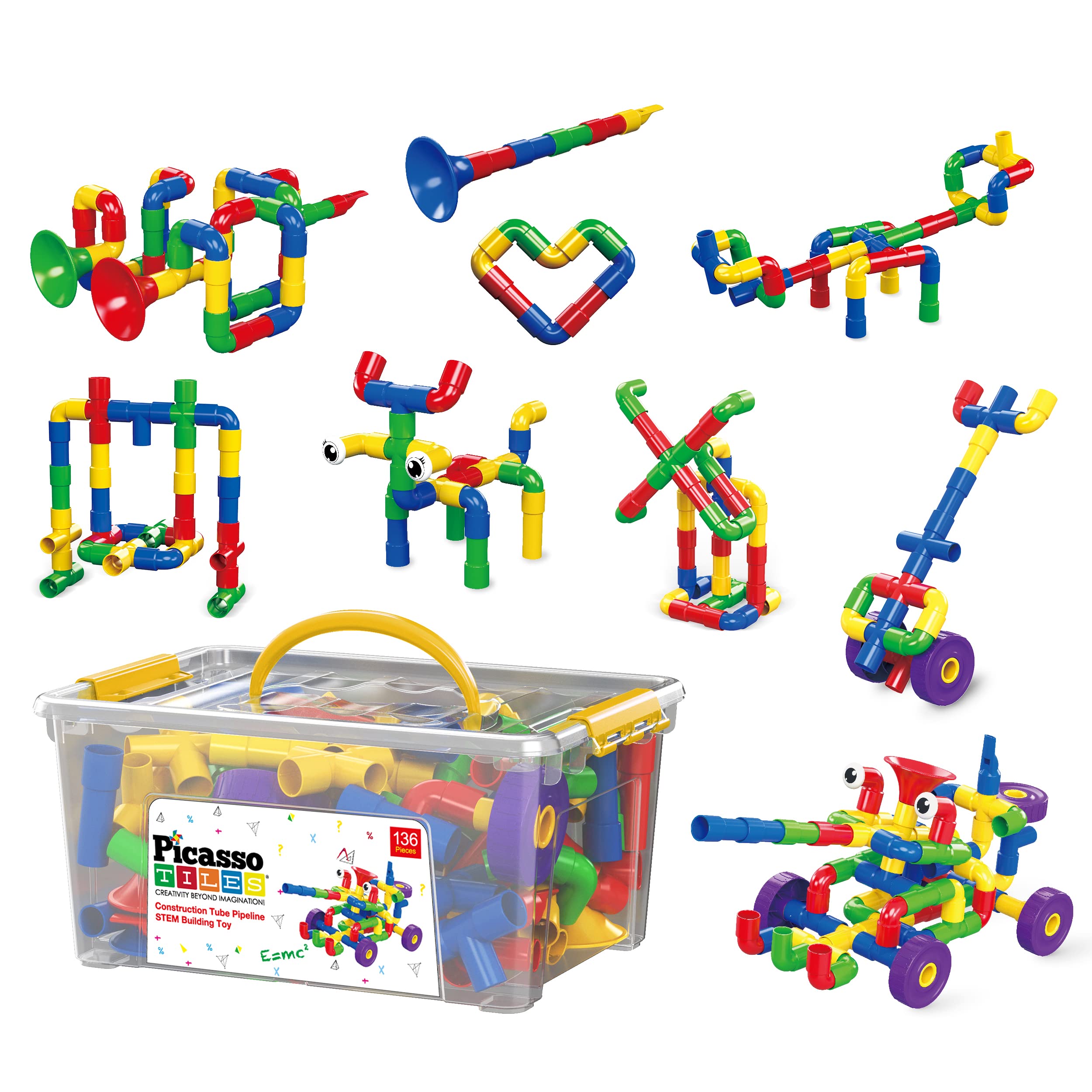PicassoTiles PTT136 136pcs Tubular Pipes & Spout STEAM Interlocking Educational Building Block Set, Tube Locks, Pipeworks Construction Blocks w/Storage Container Box, Idea Book, Flute Musical Kit