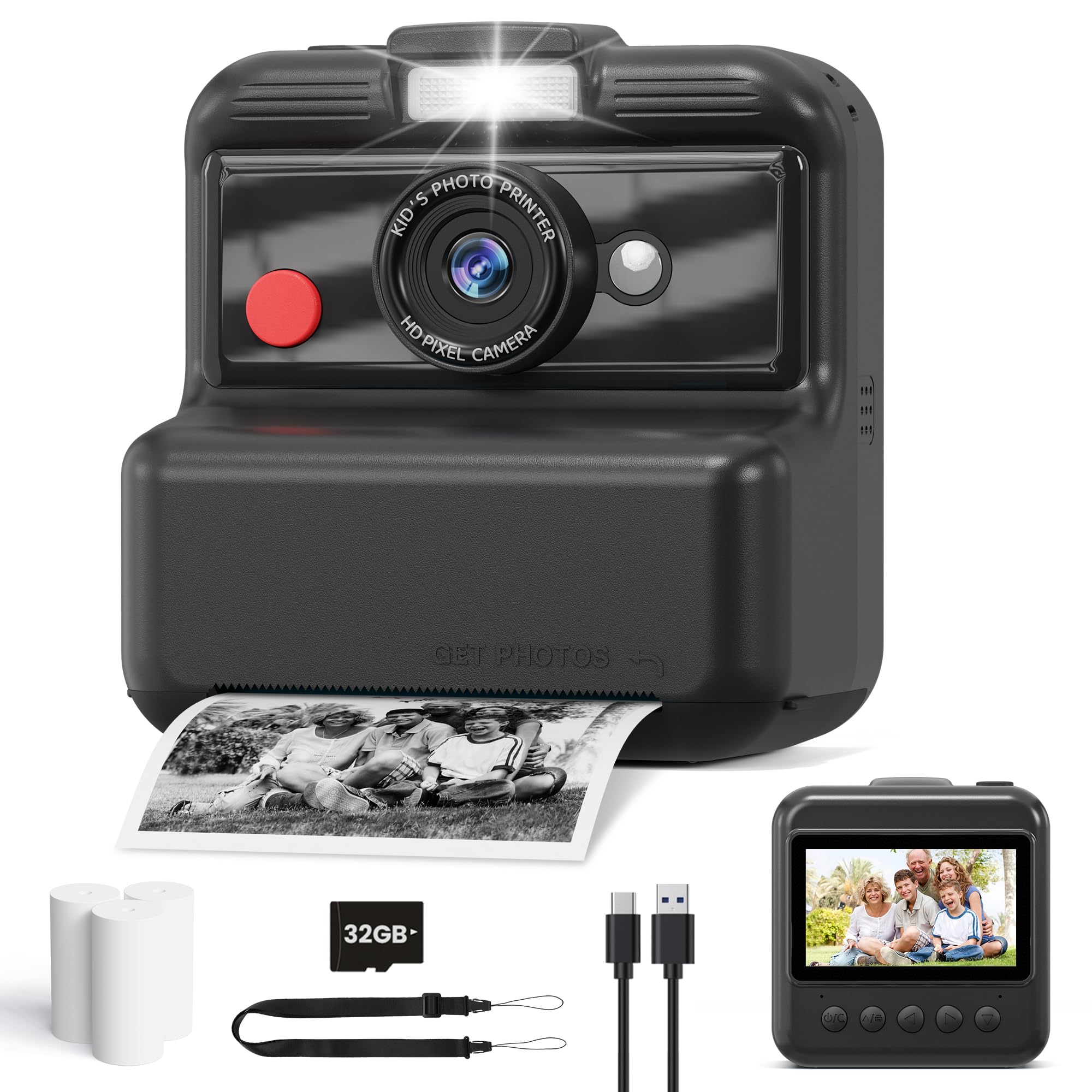 CAMCLID Kids Camera Instant Print, 3,0 Inch/48MP Instant Camera for Kids, 2.5K UHD Digital Video with 32GB Card, Christmas Birthday Toy Gifts for Girls Boys 3 4 5 6 7 8 9 10 Years Old (Black)