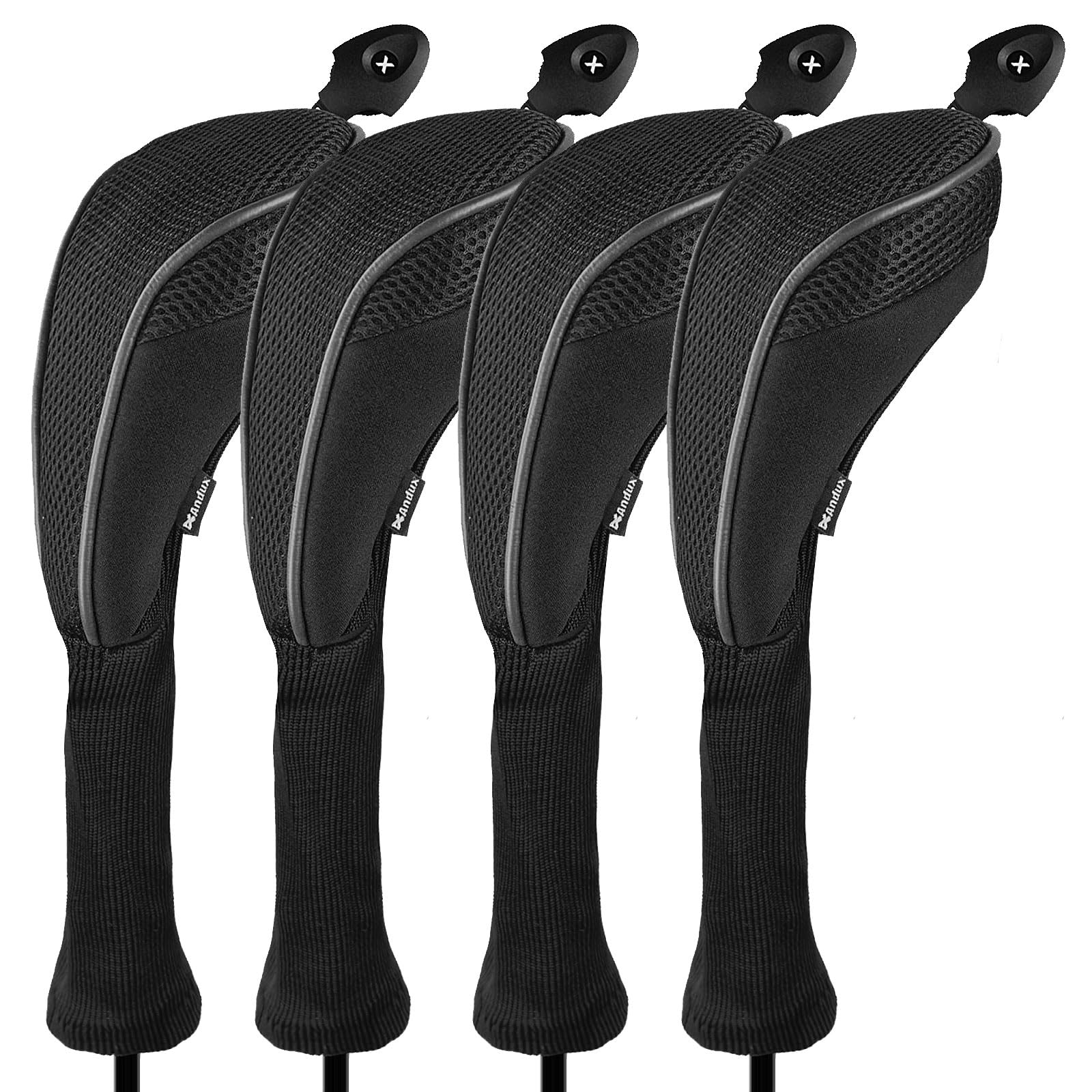 Andux Long Neck Golf Hybrid Club Head Covers with Dial No. Tag CTMT-01 (Black/Black,4pcs)