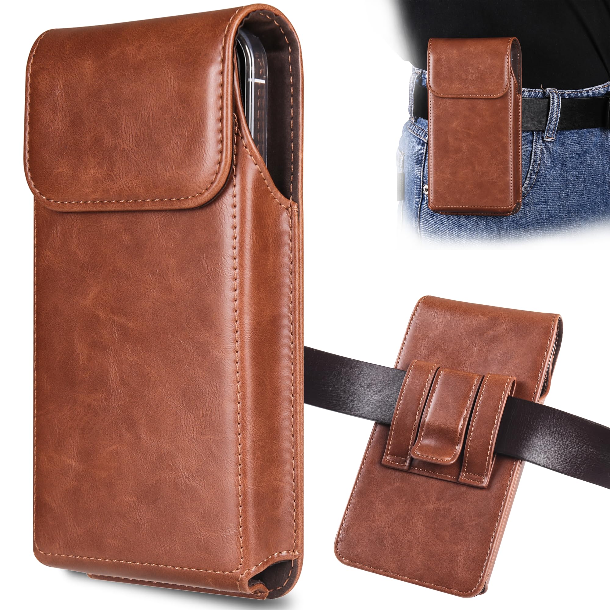 Photo 1 of INGIDO Holster for Galaxy S25 Ultra S24 Ultra S23 Ultra 5G Note 20 Ultra 5G Note 10+ Plus 5G, Premium Leather Pouch with Belt Clip Phone Holster Belt Case, Brown -XL