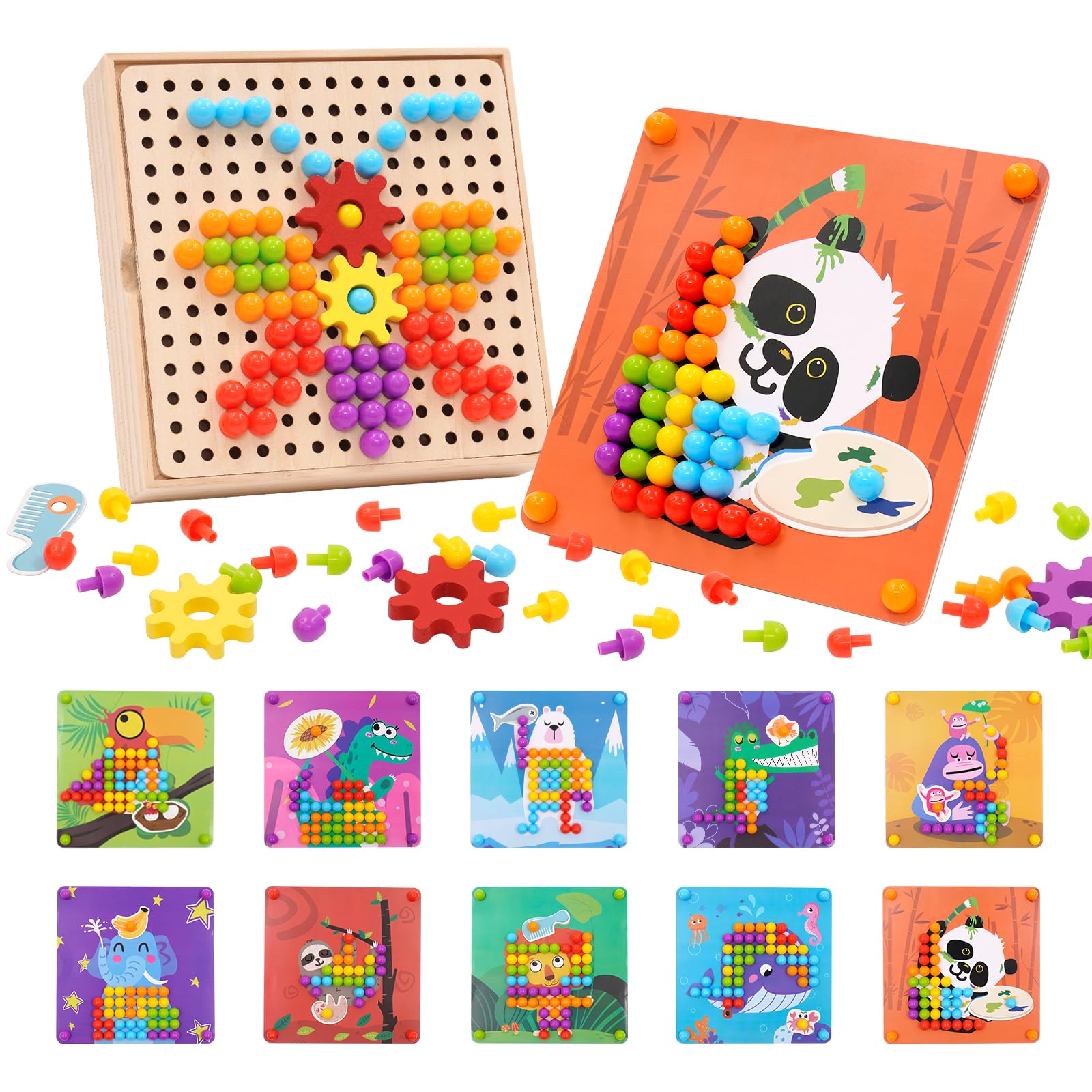 Button Art Toys 180 PCS Mosaic Pegboard for Toddlers Mushroom Nails Jigsaw Puzzle Toy with Gears Early Learning Educational Montessori Toys with 10 patterns for 3 4 5 6 Years Old Kids Boys Girls
