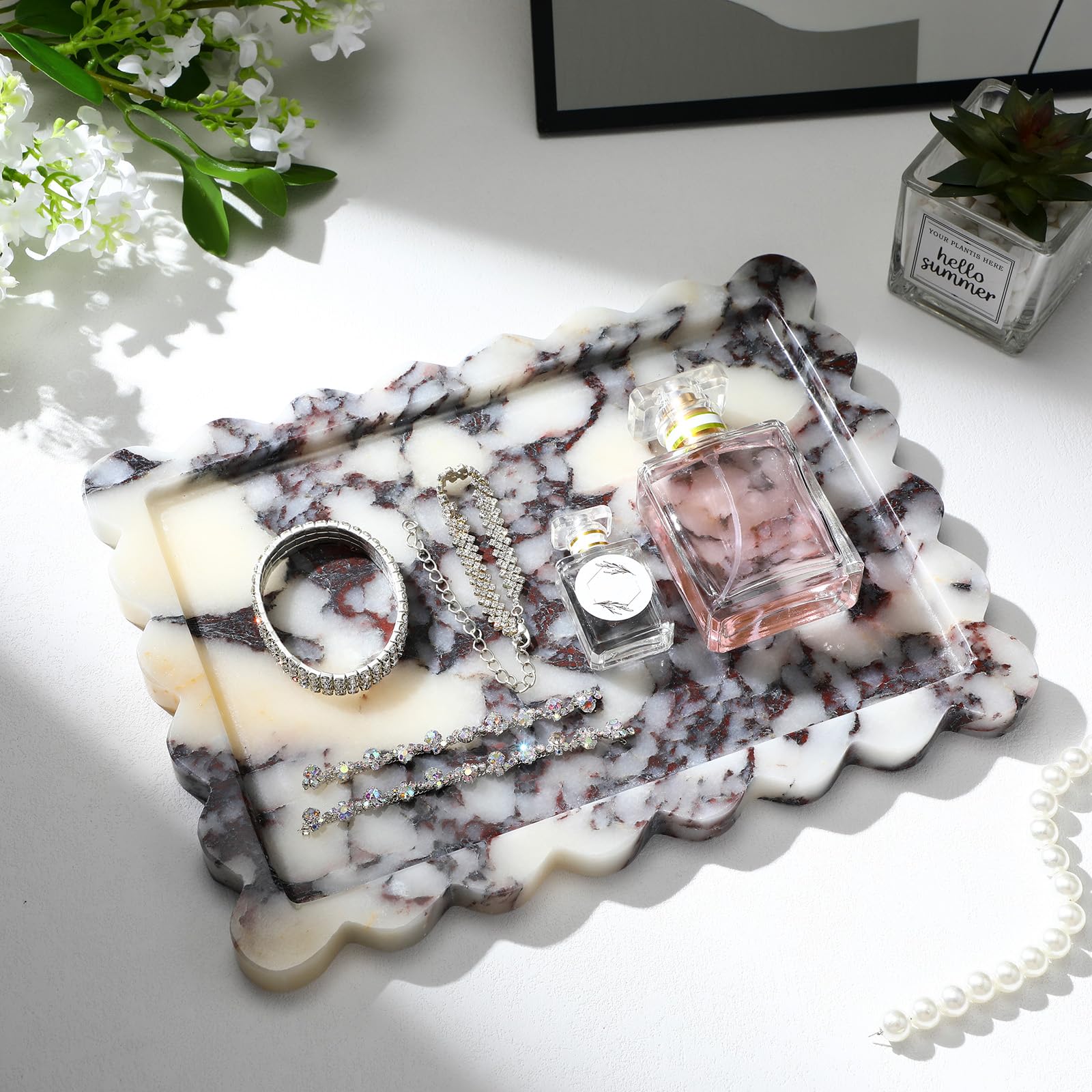 Photo 1 of Honeydak Calacatta Viola Scalloped Marble Tray 10.6 x 8 Real Natural Marble Tray Luxury Decorative Storage for Bathroom Dresser Vanity Kitchen Countertop Home Decor