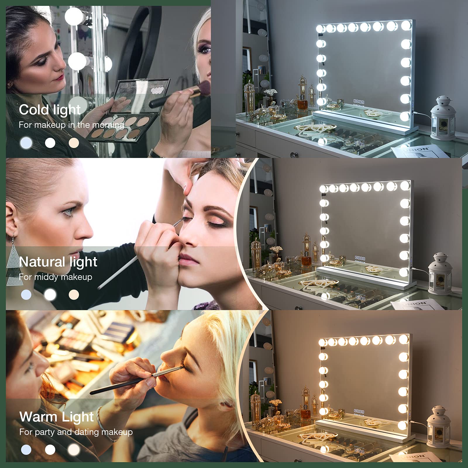 FENCHILIN Vanity Mirror with Lights 32''x23'' Tempered Glass Large Hollywood Mirror with 18 Dimmable Bulbs for Makeup Table/Hanging Bluetooth Speaker Mirror with Touch Screen & USB Charge Port