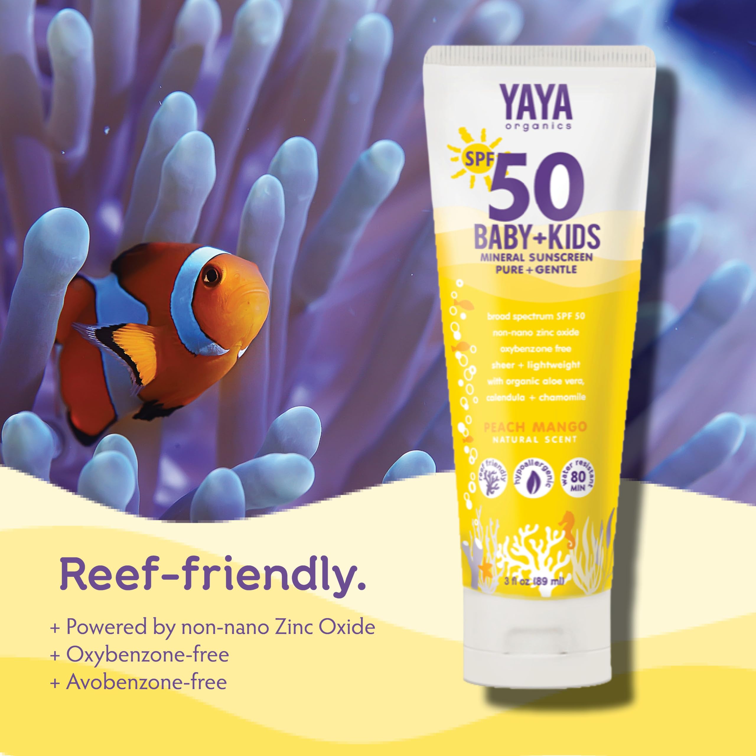 YAYA Organics Sun + Protection Bundle for Baby + Kids | Reef-Friendly SPF 50 Mineral Sunscreen and Deet-Free Bug Ban Natural Repellent Spray | Pure and Gentle | 3 oz / 4 oz
