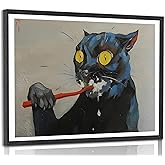 Funny Black Cat Brushing Teeth Canvas Wall Art Vintage Bathroom Cat Painting Pictures Wall Decor Eclectic Cat Brushing Animal Poster Prints for Bathroom Toilet Scene Home Decoration