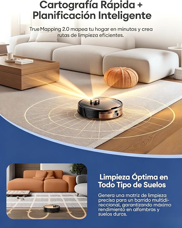 Robot Aspirador y Fregasuelos Autovaciado con Líquido Limpiador: Láser LiDAR Lineal, Evitación Mejorada, 10000 Pa, Refuerzo en Alfombras, App y Voz, para Apartamentos y Familias con Mascotas
