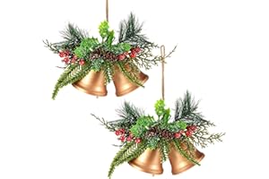 Tioncy Christmas Bell Hanging Ornaments 8.7" Large Rustic Metal Bell Decoration Xmas Hanging Decorative Bell with Red Berry for Christmas Wreath Tree Door Decor(Vintage Gold,2 Pcs)