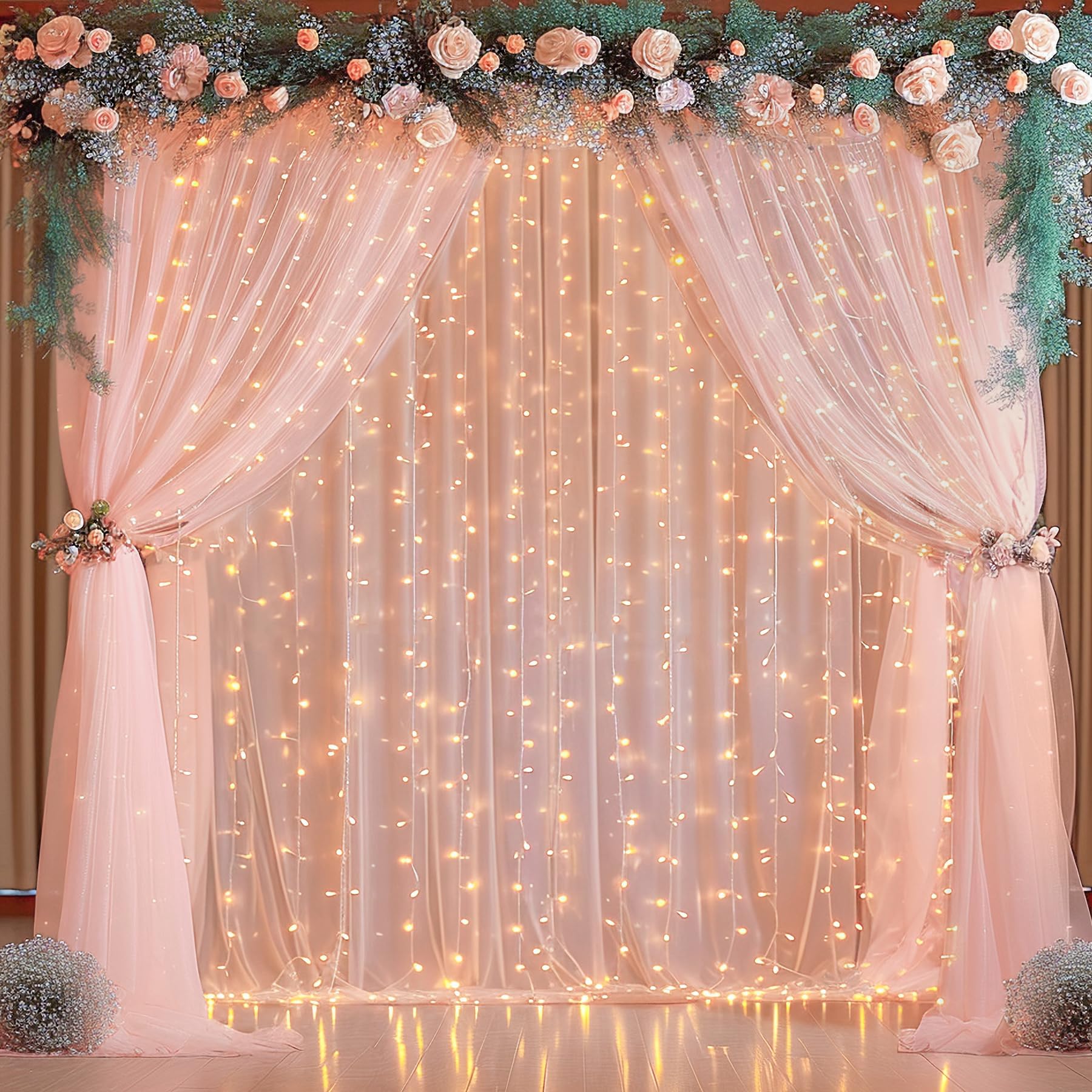 Photo 1 of 20x10ft Peach Tulle Backdrop Curtain with Lights String for Parites, Sheer Backdrop Curtains for Wedding Baby Shower Birthday Party Photo Shoot Decorations