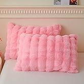 LIFEREVO Pack of 2 Fluffy Faux Rabbit Fur Pillowcases, Elegant Cute Plush Shaggy Bubble Bed Pillow Cases Standard Size with Zipper Closure, Home Decorative Furry Fuzzy Long Pillow Shams 20x26, Pink