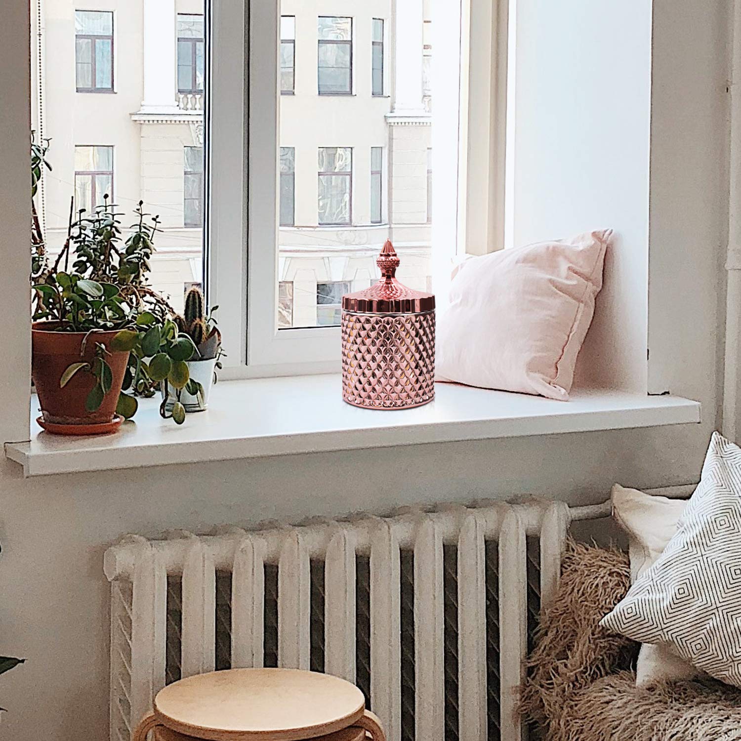 Candy Jar, Clear Glass Apothecary Container, Biscuit Barrel, Cookies Tin, Dry Food Storage Canister Crystal Weave Wedding Decorative Buffet Jars with Lid (Rose Gold, Large)