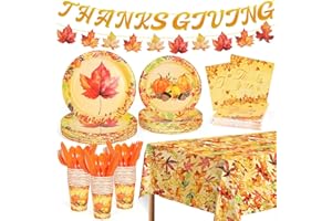 FULJOOY 178 PCS Fall Maple Leaves Dinnerware Set Thanksgiving Party Supplies Pumpkin Tableware Include Paper Plates Cups Cutlery Napkins Tablecloth Autumn Harvest Disposable Dinnerware, Serve 25