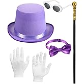 Cutecrop 5 Pcs Top Hat Costume Set Purple Top Hat Bow Tie Walking Scepter Sunglasses Gloves for Halloween Magician Cosplay