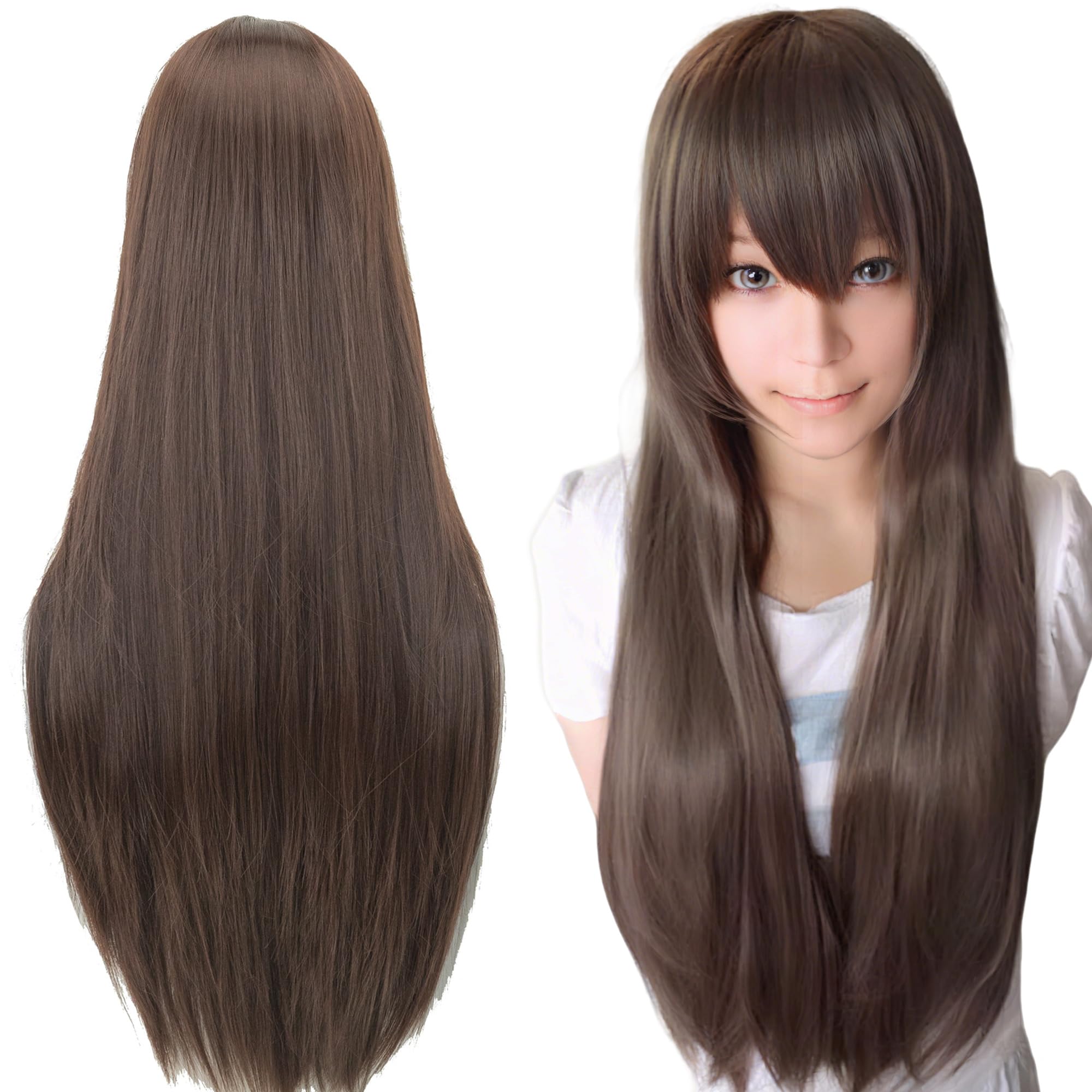 IMISSU 80cm Long Straight Natural Hair Cosplay Wigs with Bangs Colorful Halloween Costume Party Wig (Dark Brown)
