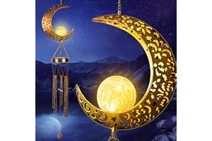 OLIKER Solar Moon Wind Chimes for Outside Unique Crackle Glass Ball with LED Light windchimes Outdoors Unique Garden Outdoor Decor Gift for Mom Chimes for Outdoors (Moon)
