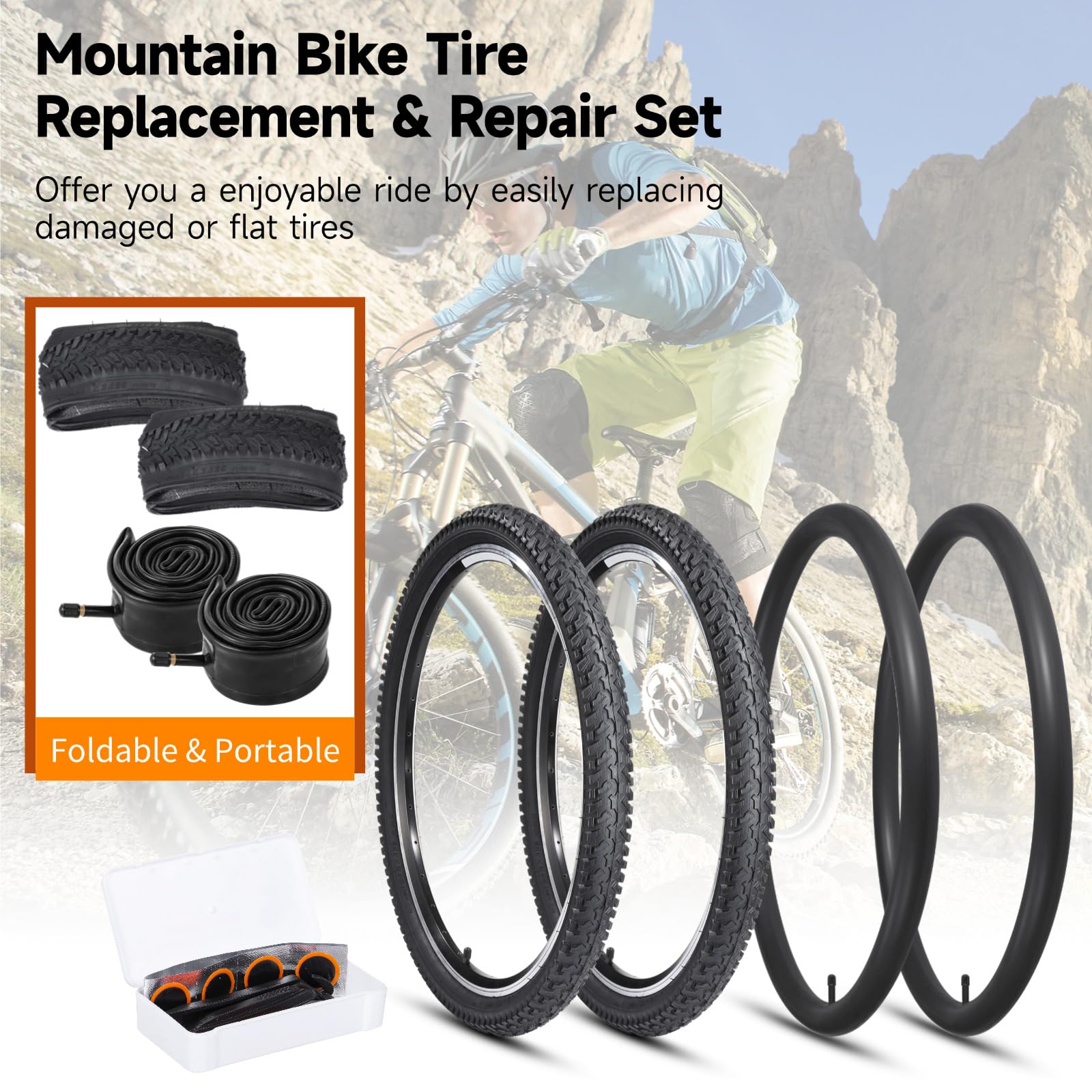 yeesport Fahrradreifen 24 Zoll Set – 2 Stück 57-507 24x2.125 Mantel & 24x1.95-2.125 Schlauch mit AV 35mm & Reparaturkit, 24 Zoll Faltbare MTB-Reifen für Mountainbike, Tragbar und Ersetzbar 2