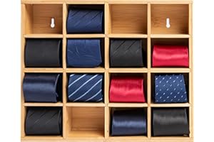 GENMOUS & CO. GENMOUS Tie Rack, Belt Organizer for Closet and Drawer, Wall Mounted Tie Organizer for Men with 16 Compartments, Bamboo Tie Holder, Tie Display for Wall Bedroom Scarf Necktie Watches Home
