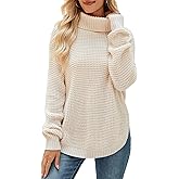 QIANSIQIANBO Women's Sweaters Fall Ribbed Knit Turtleneck Sweater Loose Casual Long Sleeve Split Soft Pullover Top