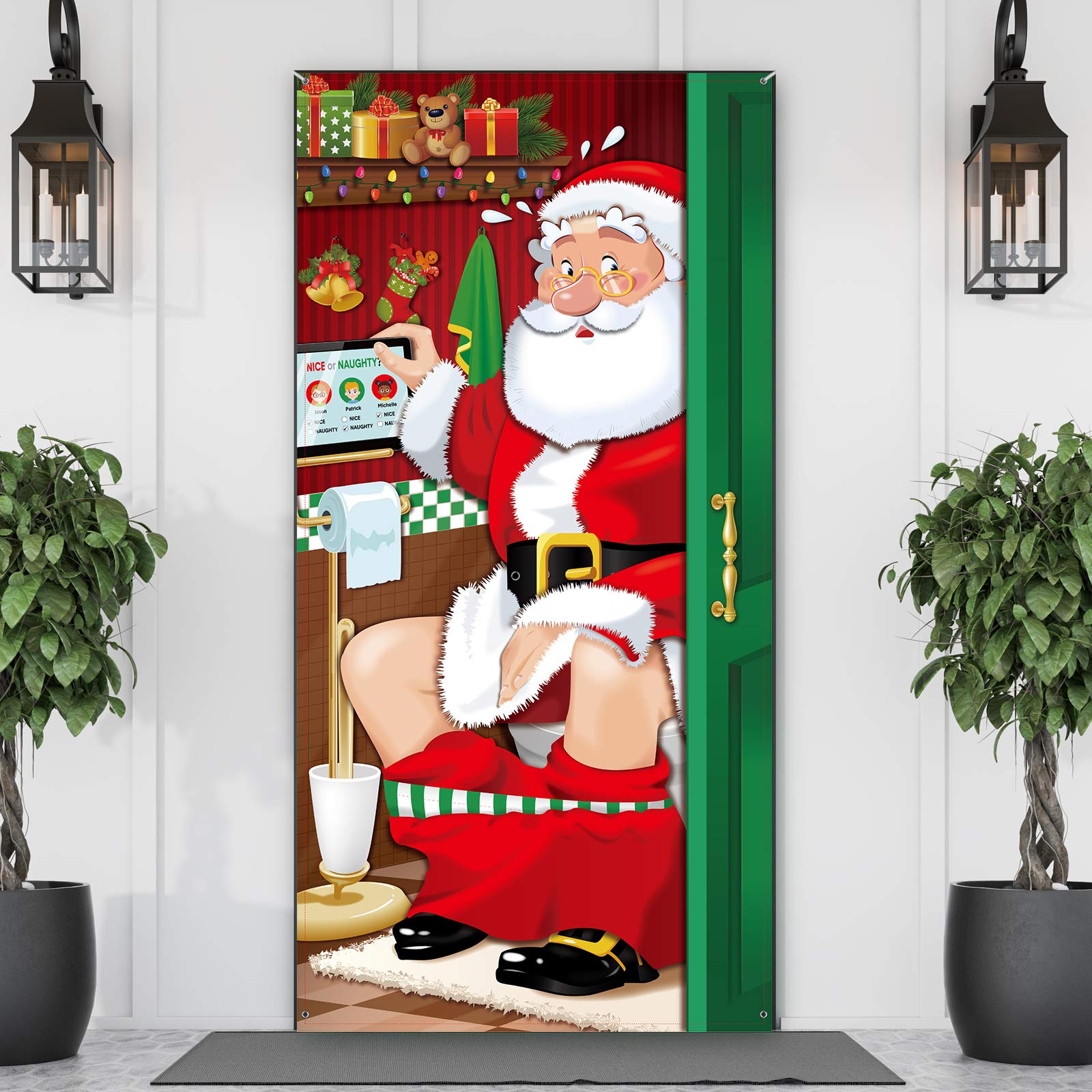 Christmas Door Cover Party Decorations Funny Christmas Santa Restroom Door Cover Banner Backdrop for Xmas Front Door Christmas Party Supplies, 70.9 x 35.4 Inch