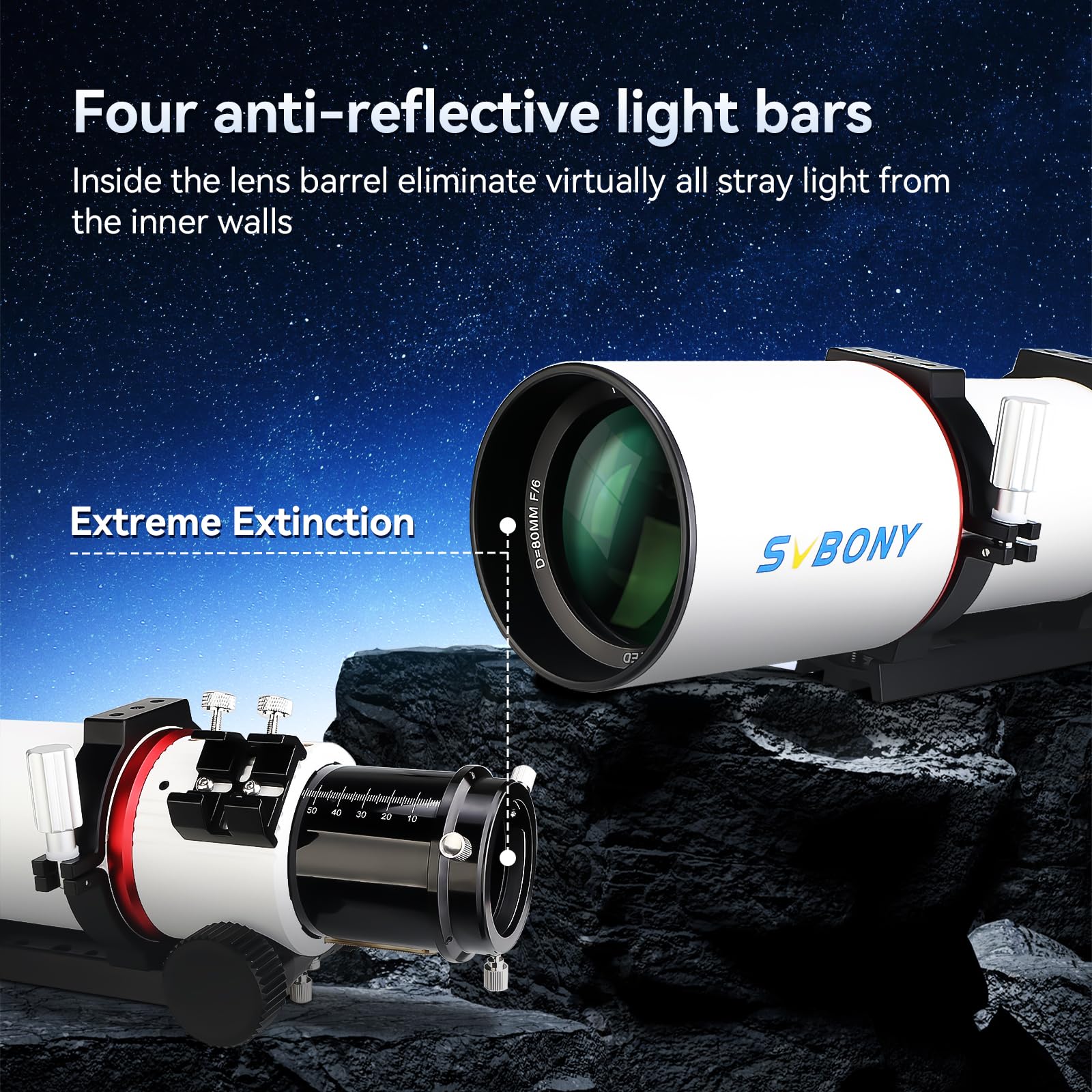 SVBONY Telescopio SV550, Refractor Apocromático Triplete 80ED F6 OTA, Enfocador Rap de Micro-Reducción de 2.5, Distancia de Enfoque Trasero de 87 mm, Telescopio para Adultos de Alta Potencia, para Astrofotografía y Visual de Cielo Profundo SVBONY Telescopio SV550, Refractor Apocromático Triplete 80ED F6 OTA, Enfocador Rap de Micro-Reducción de 2.5, Distancia de Enfoque Trasero de 87 mm, Telescopio para Adultos de Alta Potencia, para Astrofotografía y Visual de Cielo Profundo