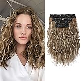 REECHO Hair Extensions, 4PCS Clip in Hair Extensions 12" Short Curly Wavy Brown Invisible Lace Weft Natural Soft Hairpieces for Women – Ash Brown with Highlights