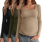Baggyfly 3 Pack Women's Maternity Shirts Long Sleeve Side Ruched Pregnancy Tops Square Neck Basic Tunic Knit Mama Clothes